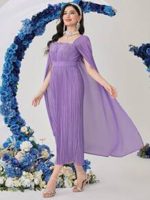 Modelyn 纯色女士斗篷袖褶皱连衣裙长款晚礼服