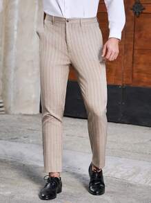 Manfinity Mode Men's Plus Size Striped Slim Fit Suit Trousers - Apricot - View 6