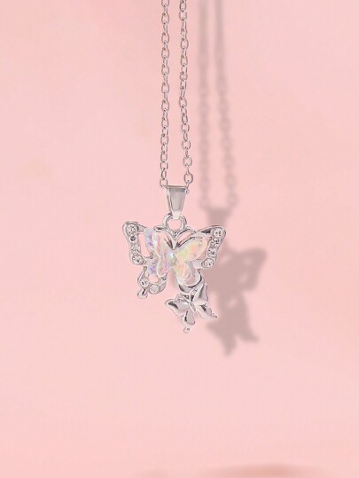 Kawaii 1pc Sweet & Cool Couple Style Fairy Tale Forest Themed Multiple Color Rhinestone Decor Butterfly Pendant Necklace