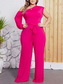 Plus Size Sexy Asymmetrical Neckline Belted Wide Leg Jumpsuit - Hot Pink - View 1