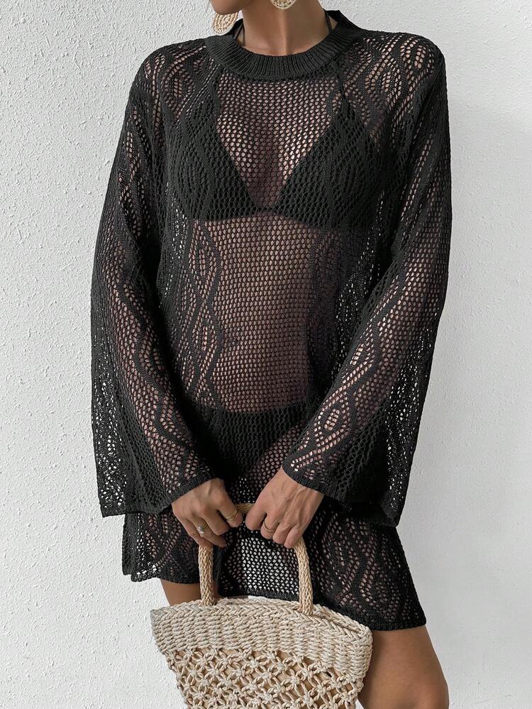 1pc Women's Long Sleeve Hollow Out Cover Up Dress Summer