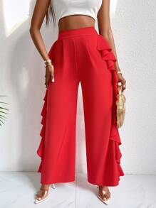 SHEIN Slayr Pantalones rojos para mujer con banda ancha en la cintura y voluminoso ribete de volantes - Rojo - Ver 6