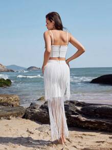 Zolique Women's Shorts & Fringed Skirt Two Piece Set With Cami Top - White - View 2