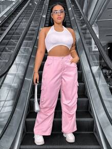 Flirla Pink Cargo Pants With 3d Pockets And Slanted Pockets - Pink - View 4