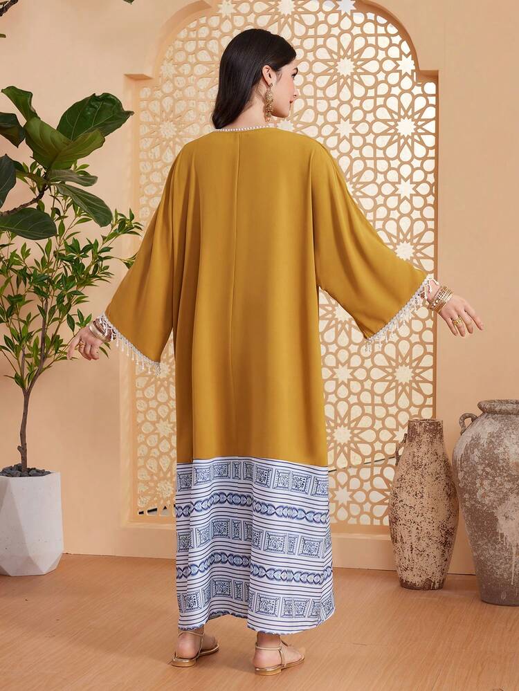 Colorblock V-Neck Tassel Sleeve Cuff & Hem Kaftan In Geometric Print