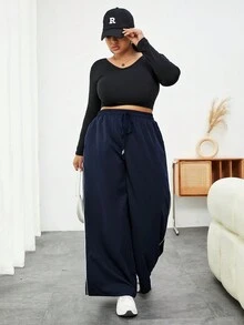 SHEIN CURVE+ Plus Size Women's Drawstring Waist Splicing & Side Split Wide Leg Pants - Navy Blue - View 7