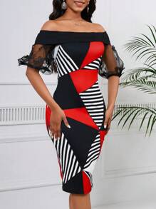 SHEIN Lady Damen Geometrisches Print Bodycon Kleid Mit Durchsichtigen Maschennetz Kurzarmen - Verschiedenfarbig - Übersicht 5