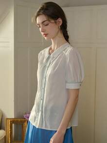 Simple Retro Của phụ nữ Khối màu Thêu Vòng cổ Giải trí Áo sơ mi - trắng - Xem 3