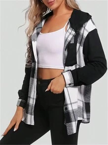 Women's Hooded Checkered Shirt - Black - View 1