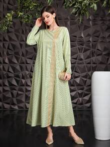 Al Najma 色塊刺繡拼接長袖裙 - 綠色 - 查看 1