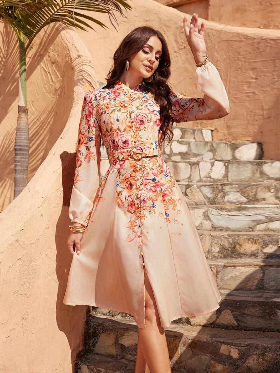 GENKIRA 女士立領花卉印花長袖單排扣連衣裙 - 彩色 - 查看 1