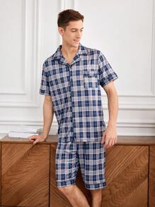 Conjunto De Ropa De Estar Por Casa Para Hombre Con Camisa De Cuadros De Manga Corta Y Pantalón Corto Con Bordes Enrollados