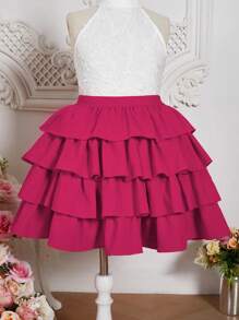 SHEIN Tween Girls' Lace Halter Top And Solid Color Midi Skirt Two Pieces Set