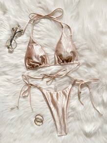 SHEIN Swim Bộ bikini dây buộc cao cổ màu trơn và dây buộc chéo bên hông mùa hè - Hồng - Xem 1