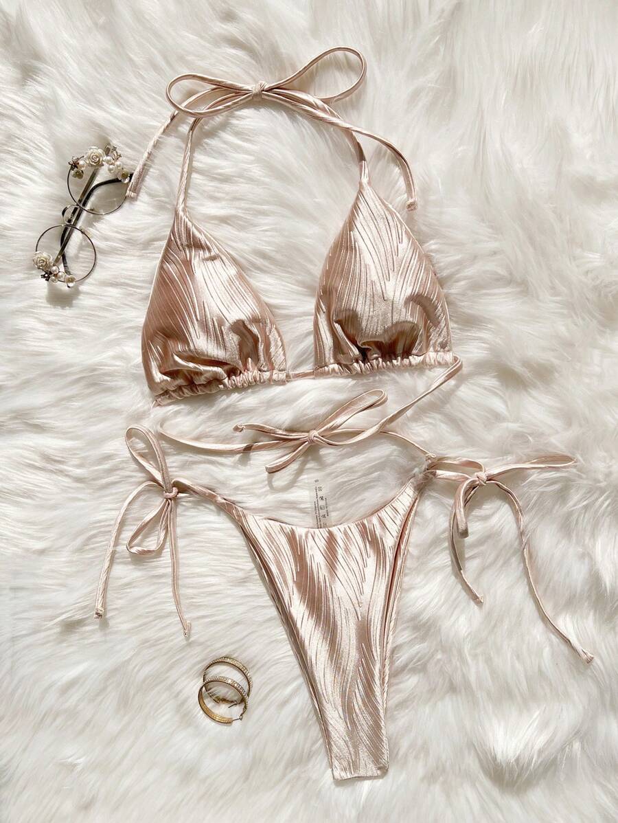 SHEIN Swim Bộ bikini dây buộc cao cổ màu trơn và dây buộc chéo bên hông mùa hè - Hồng - Xem 1