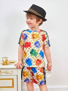 男童可愛舒適的卡通熊圖案短袖上衣+短褲套裝