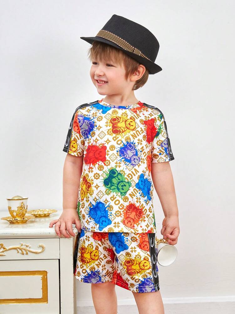 Young Boy Cute & Comfortable Cartoon Bear Pattern Short Sleeve Top + Shorts Set
