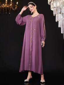 Al Najma Colorblock Border Cutout Lantern Sleeve Dress - Maroon - View 5