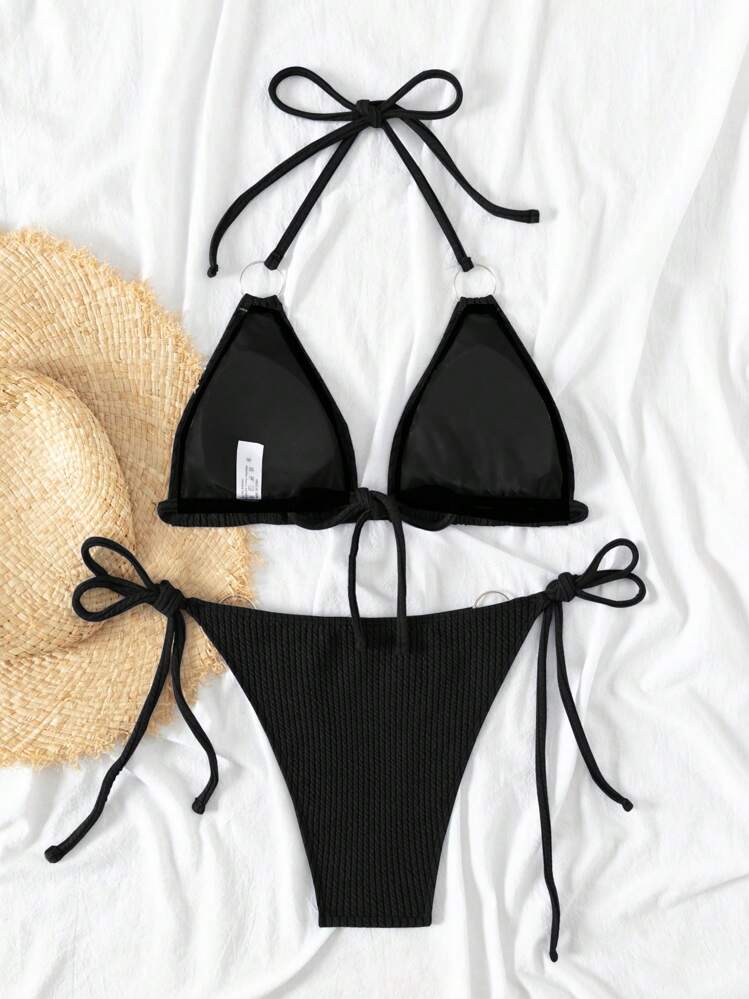 Costavie 2026 Spring/Summer Special Fabric Black Spaghetti Strap Halter Round Ring Decor Side Tie High Cut Thong Bikini Two Pieces Swimsuit For Women - Black - View 5