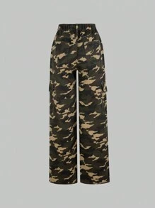 SHEIN Wildeya Jeans De Camuflaje De Carga Casual, Con Estilo Y Vintage Para Chica Adolescente Con Pierna Recta