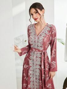 Al Najma Vestido De Abaya Para Mujer Con Estampado Y Bordado Árabe En La Parte Frontal