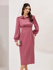 Modelyn Women's Solid Color Long Sleeve Shirt Dress Long Evening Dresses Fall Cloth For Women - Pink - View 3