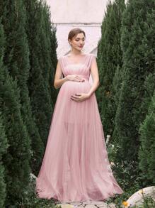 Đầm dự tiệc lưới trơn cho bà bầu thanh lịch - Màu Hồng  San hô - Xem 5