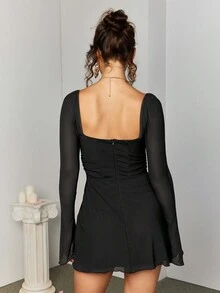 PARTHEA Cut Out Lace Up Mesh Dress - Black - View 3