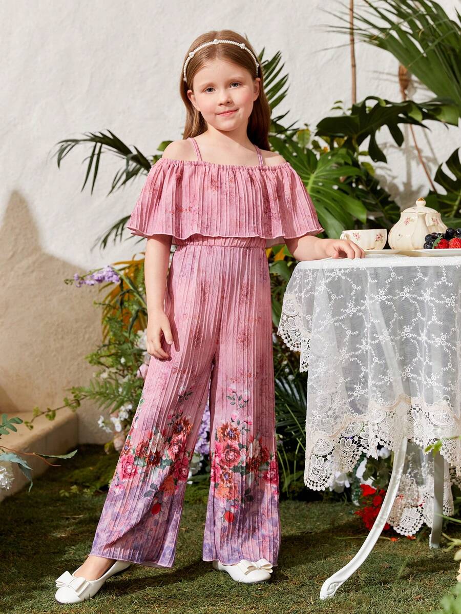 SHEIN Mono Con Estampado De Flores Para Niña Pequeña Con Tirantes Finos - Rosa - Ver 1