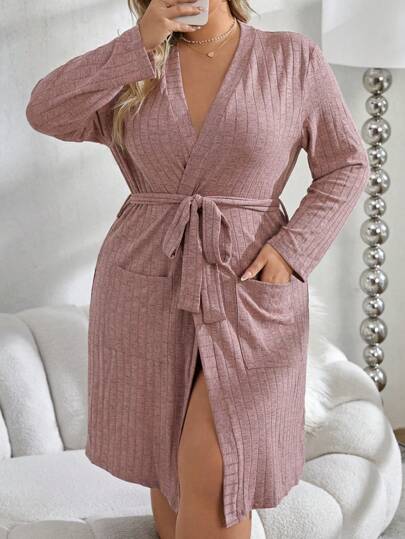 Snug Zone 大码女式双口袋罗纹睡袍，配腰带，舒适保暖，秋冬必备