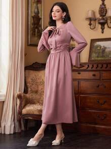 Modelyn Women's Tie Neck Flare Sleeve Dress