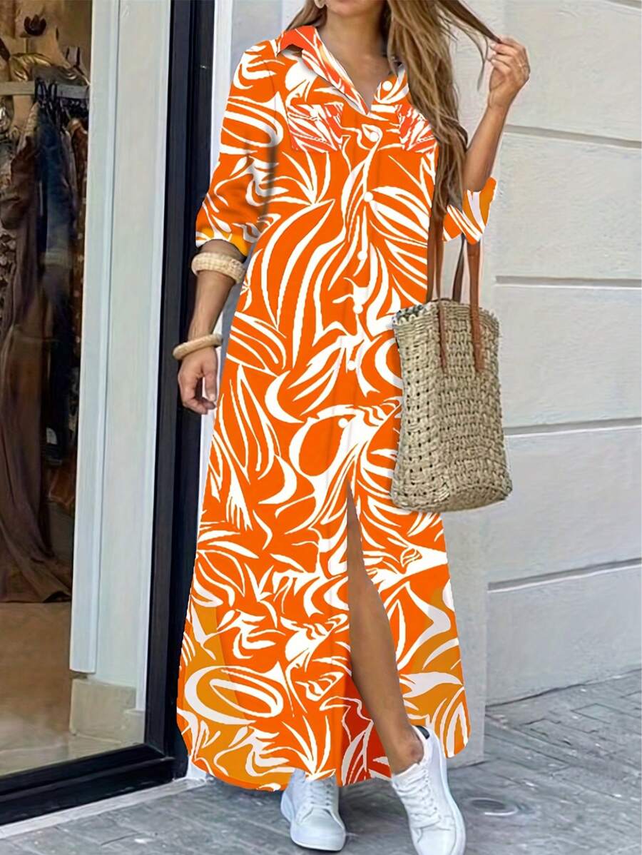 女士时尚长袖图案印花衬衫领休闲长裙 - 橘色 - 查看 1