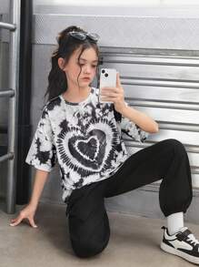 SHEIN Tween 女孩休閒運動圓領落肩心形圖案紮染短袖夏季 T 卹 - 黑色 - 查看 5