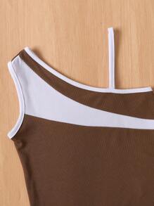 SHEIN Young Girls' 2pcs Color Block Top With Solid Color Suit Shorts And Belt Summer Holiday - Brown - View 3