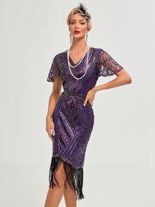 20世纪20年代复古亮片流苏下摆紧身鸡尾酒会礼服 - 紫色 - 查看 4