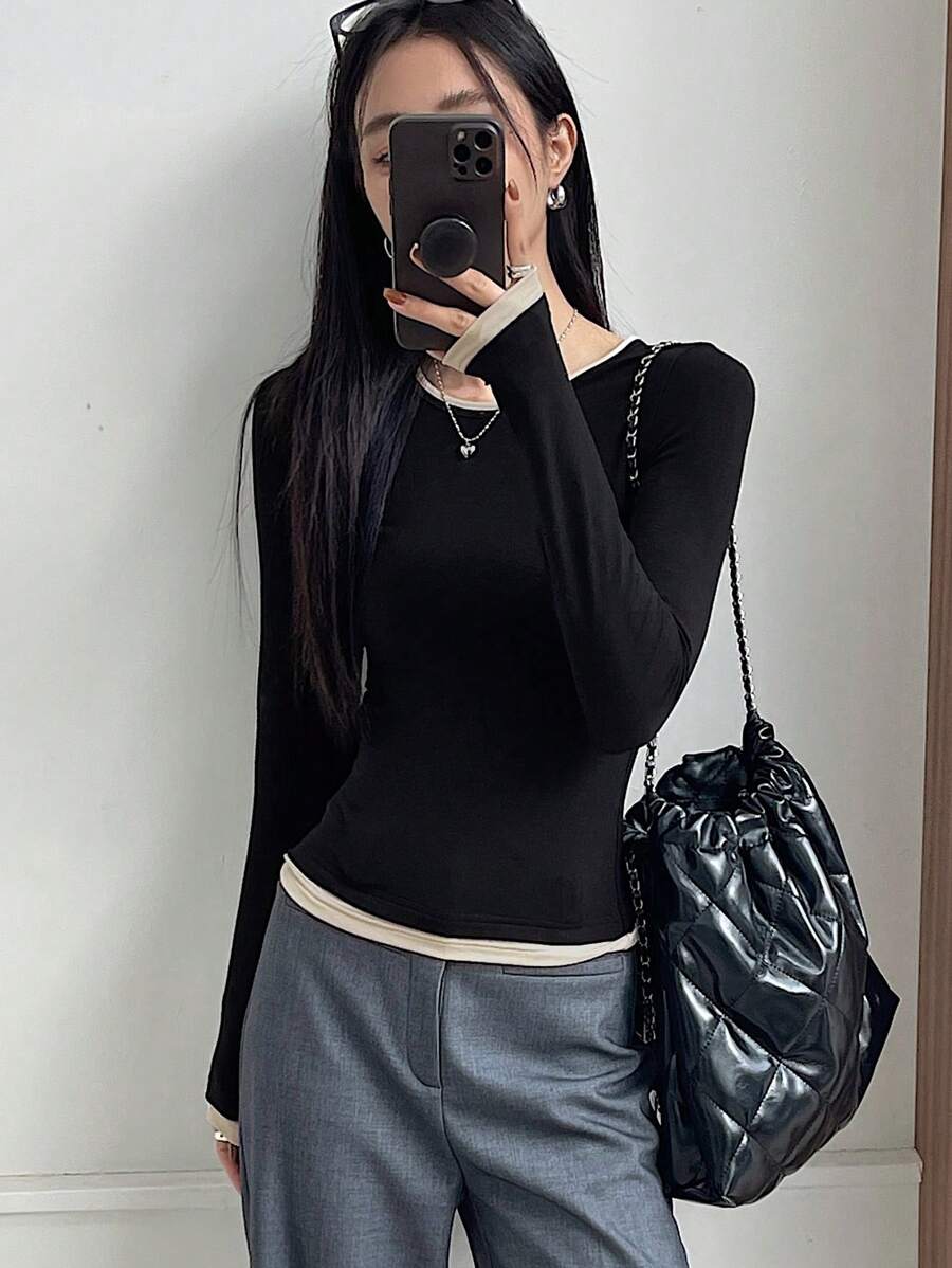 DAZY Camiseta De Manga Larga Para Mujer Con Borde De Contraste De Color - Negro - Ver 1