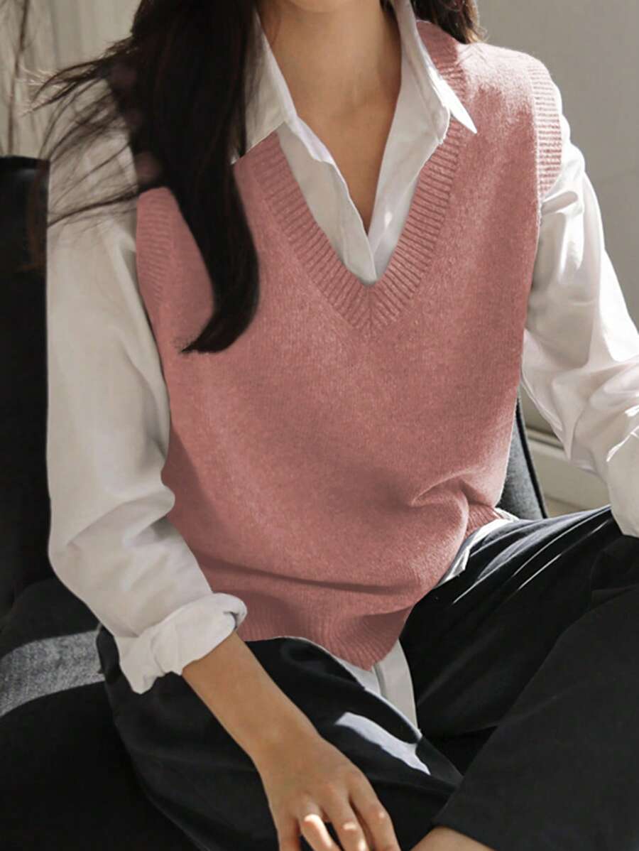 DAZY 1 件女式纯色 V 领毛衣背心 - 粉色 - 查看 1