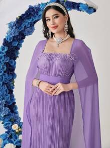 Modelyn 纯色女士斗篷袖褶皱连衣裙长款晚礼服