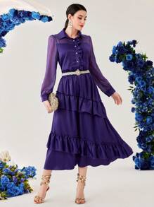 Modelyn Women's Solid Color Shirt Collar Lantern Sleeve Top And Tiered Ruffle Skirt Set 2 Piece Set - Purple - View 6