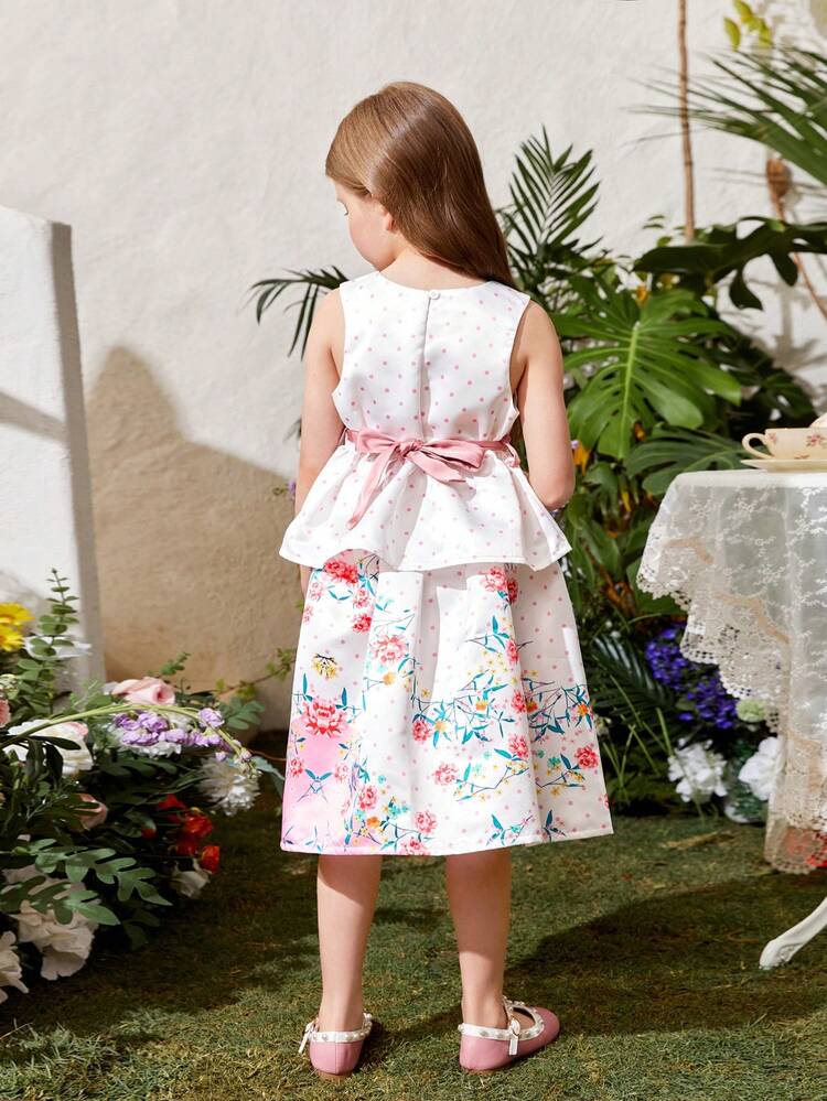 Young Girl's Lovely Polka Dot Sleeveless Top With Bow Decor And Floral Printed A-Line Skirt 2pcs/Set