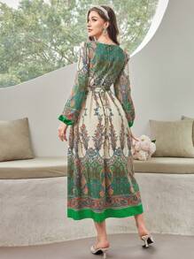 Mulvari Full Print Lantern Sleeve Belted Dress - Multicolor - View 2