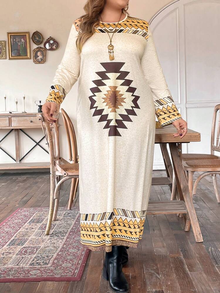 Plus Size Geometric Printed Long Dress For Spring Vacation