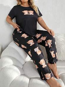 大尺碼熊印花家居服套裝 - 彩色 - 查看 2