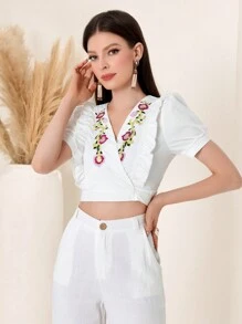 Women's White Short Sleeve V-Neck Embroidered Blouse - White - View 6