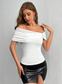SHEIN Privé Women's Mesh Off Shoulder Faux Pearl White Tee - White - View 6