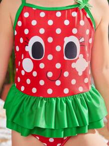 Young Girls' Color Block Polka Dot & Emoji Print Spliced Ruffle Trim One Piece Swimsuit - Multicolor - View 1