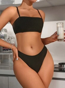 SHEIN Swim Bikini de unicolor para mujer, traje de baño de verano para playa, carnaval y vacaciones - Negro - Ver 3