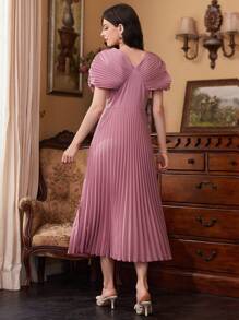 Modelyn Vestido largo de noche de unicolor con mangas abullonadas y pliegues - Rosa vieja - Ver 2