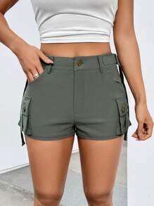 SHEIN EZwear 女款純色工裝口袋短褲 - 綠色 - 查看 7