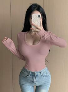 DAZY 女士圆领紧身T恤，秋季服装长袖女上衣